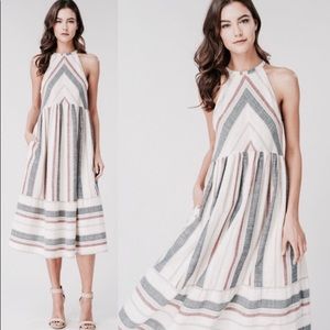 Striped Halter Boho Midi Dress in Faded Red, Blue, Cream